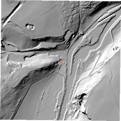 Shaded relief map of the ground around DN57NB, computed from Environment Agency LiDAR. The ground here sits at about 12 m above sea level and falls 48 m across the surrounding 800 m. Surface water reaching this point runs off ground lying to the west-south-west, 19.1 m higher.