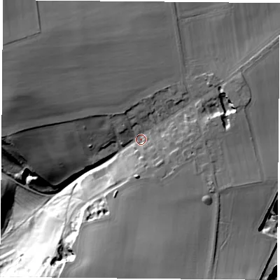 Shaded relief map of the ground around DN57SW, computed from Environment Agency LiDAR. The ground here sits at about 71 m above sea level and falls 53 m across the surrounding 800 m. Surface water reaching this point runs off ground lying to the north-west, 14.0 m higher.