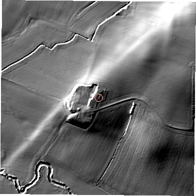 Shaded relief map of the ground around DN57TG, computed from Environment Agency LiDAR. The ground here sits at about 32 m above sea level and falls 47 m across the surrounding 800 m. Surface water reaching this point runs off ground lying to the north, 2.1 m higher.