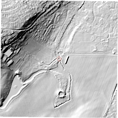 Shaded relief map of the ground around DN57TS, computed from Environment Agency LiDAR. The ground here sits at about 10 m above sea level and falls 30 m across the surrounding 800 m. Surface water reaching this point runs off ground lying to the west, 18.9 m higher.