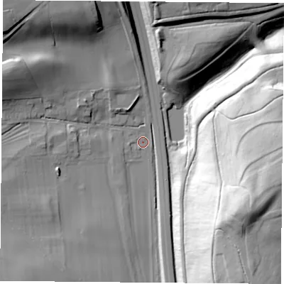 Shaded relief map of the ground around DN57UZ, computed from Environment Agency LiDAR. The ground here sits at about 26 m above sea level and falls 55 m across the surrounding 800 m. Surface water reaching this point runs off ground lying to the south, 4.3 m higher.