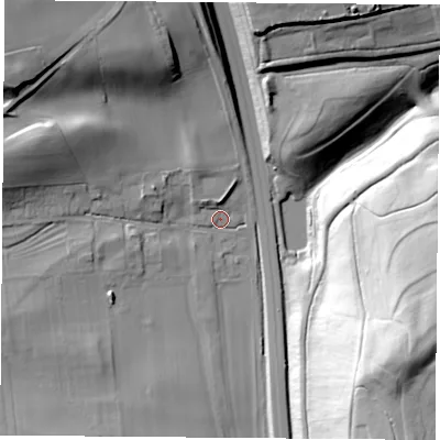 Shaded relief map of the ground around DN57XD, computed from Environment Agency LiDAR. The ground here sits at about 27 m above sea level and falls 54 m across the surrounding 800 m. Surface water reaching this point runs off ground lying to the west-north-west, 19.7 m higher.