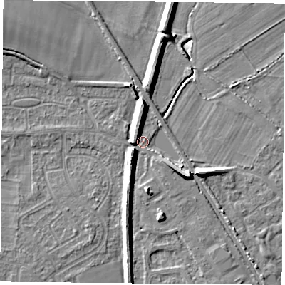 Shaded relief map of the ground around DN57ZB, computed from Environment Agency LiDAR. The ground here sits at about 6 m above sea level and falls 9 m across the surrounding 800 m. Surface water reaching this point runs off ground lying to the south-west, 7.3 m higher.