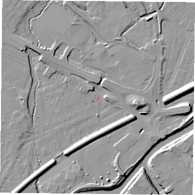 Shaded relief map of the ground around DN58AD, computed from Environment Agency LiDAR. The ground here sits at about 8 m above sea level and falls 12 m across the surrounding 800 m. Surface water reaching this point runs off ground lying to the south-east, 9.1 m higher.