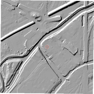 Shaded relief map of the ground around DN58AG, computed from Environment Agency LiDAR. The ground here sits at about 11 m above sea level and falls 13 m across the surrounding 800 m. Surface water reaching this point runs off ground lying to the south-south-west, 2.4 m higher.