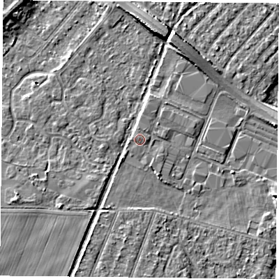 Shaded relief map of the ground around DN58AH, computed from Environment Agency LiDAR. The ground here sits at about 10 m above sea level and falls 8 m across the surrounding 800 m. Surface water reaching this point runs off ground lying to the north, 0.8 m higher.