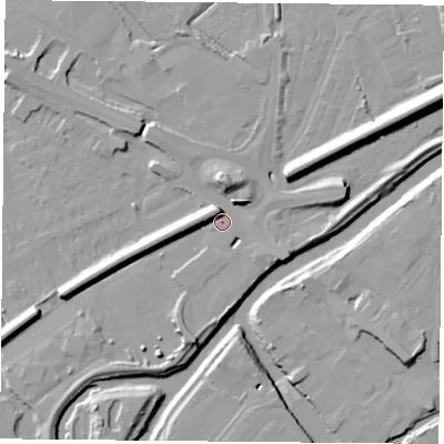 Shaded relief map of the ground around DN58AN, computed from Environment Agency LiDAR. The ground here sits at about 10 m above sea level and falls 13 m across the surrounding 800 m. Surface water reaching this point runs off ground lying to the north-north-west, 7.9 m higher.