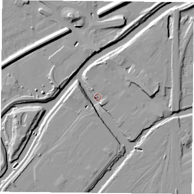Shaded relief map of the ground around DN58AQ, computed from Environment Agency LiDAR. The ground here sits at about 11 m above sea level and falls 12 m across the surrounding 800 m. Surface water reaching this point runs off ground lying to the east, 9.9 m higher.