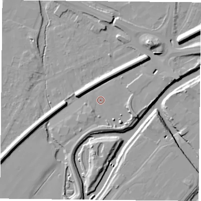 Shaded relief map of the ground around DN58AR, computed from Environment Agency LiDAR. The ground here sits at about 9 m above sea level and falls 11 m across the surrounding 800 m. Surface water reaching this point runs off ground lying to the south-east, 3.9 m higher.