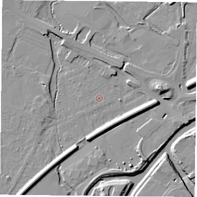 Shaded relief map of the ground around DN58AU, computed from Environment Agency LiDAR. The ground here sits at about 9 m above sea level and falls 11 m across the surrounding 800 m. Surface water reaching this point runs off ground lying to the east, 8.0 m higher.