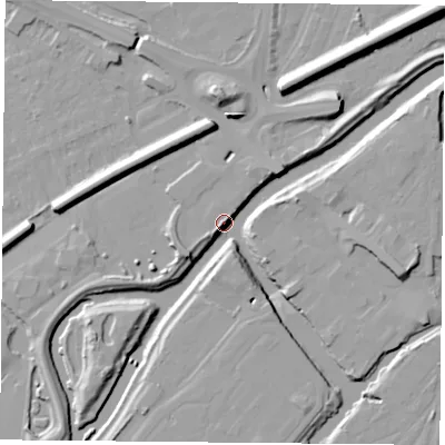 Shaded relief map of the ground around DN58AW, computed from Environment Agency LiDAR. The ground here sits at about 11 m above sea level and falls 13 m across the surrounding 800 m. Surface water reaching this point runs off ground lying to the south-west, 9.0 m higher.