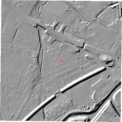 Shaded relief map of the ground around DN58AX, computed from Environment Agency LiDAR. The ground here sits at about 9 m above sea level and falls 11 m across the surrounding 800 m. Surface water reaching this point runs off ground lying to the south-south-east, 0.9 m higher.
