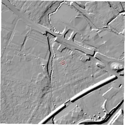 Shaded relief map of the ground around DN58AY, computed from Environment Agency LiDAR. The ground here sits at about 9 m above sea level and falls 11 m across the surrounding 800 m. Surface water reaching this point runs off ground lying to the south-south-west, 7.9 m higher.