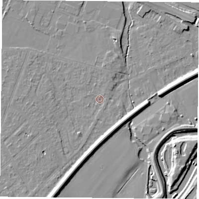Shaded relief map of the ground around DN58AZ, computed from Environment Agency LiDAR. The ground here sits at about 10 m above sea level and falls 11 m across the surrounding 800 m. Surface water reaching this point runs off ground lying to the west, 2.3 m higher.