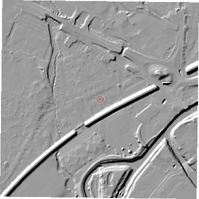 Shaded relief map of the ground around DN58BN, computed from Environment Agency LiDAR. The ground here sits at about 8 m above sea level and falls 11 m across the surrounding 800 m. Surface water reaching this point runs off ground lying to the east, 7.7 m higher.