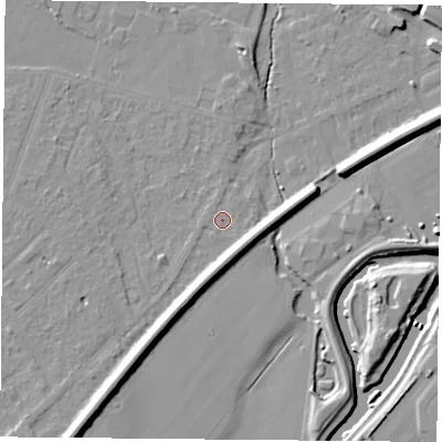 Shaded relief map of the ground around DN58BW, computed from Environment Agency LiDAR. The ground here sits at about 10 m above sea level and falls 12 m across the surrounding 800 m. Surface water reaching this point runs off ground lying to the south-west, 7.5 m higher.