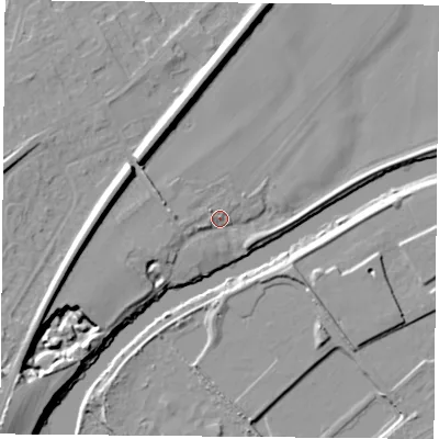 Shaded relief map of the ground around DN58DB, computed from Environment Agency LiDAR. The ground here sits at about 12 m above sea level and falls 12 m across the surrounding 800 m. Surface water reaching this point runs off ground lying to the west-south-west, 4.8 m higher.