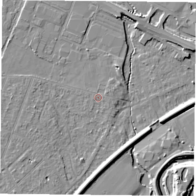 Shaded relief map of the ground around DN58DT, computed from Environment Agency LiDAR. The ground here sits at about 10 m above sea level and falls 11 m across the surrounding 800 m. Surface water reaching this point runs off ground lying to the east-north-east, 1.1 m higher.