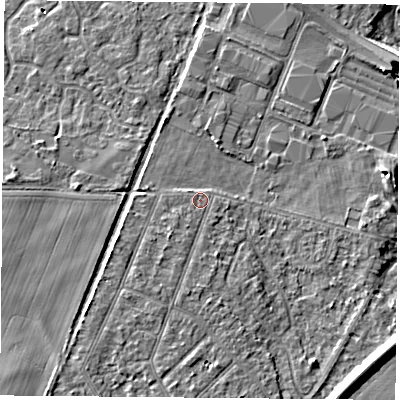 Shaded relief map of the ground around DN58EB, computed from Environment Agency LiDAR. The ground here sits at about 10 m above sea level and falls 9 m across the surrounding 800 m. Surface water reaching this point runs off ground lying to the west-south-west, 2.3 m higher.