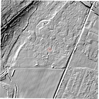 Shaded relief map of the ground around DN58HE, computed from Environment Agency LiDAR. The ground here sits at about 10 m above sea level and falls 13 m across the surrounding 800 m. Surface water reaching this point runs off ground lying to the south-west, 2.2 m higher.
