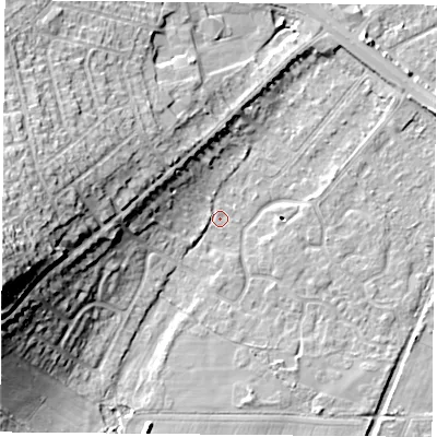 Shaded relief map of the ground around DN58HH, computed from Environment Agency LiDAR. The ground here sits at about 9 m above sea level and falls 24 m across the surrounding 800 m. Surface water reaching this point runs off ground lying to the west-south-west, 23.7 m higher.