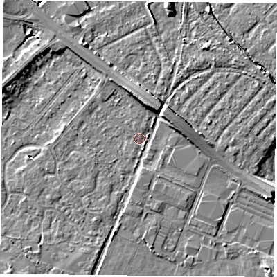 Shaded relief map of the ground around DN58HP, computed from Environment Agency LiDAR. The ground here sits at about 10 m above sea level and falls 8 m across the surrounding 800 m. Surface water reaching this point runs off ground lying to the north-north-east, 5.2 m higher.