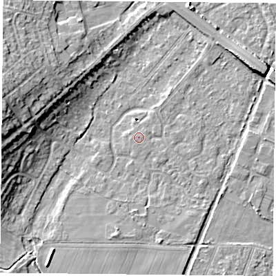 Shaded relief map of the ground around DN58HQ, computed from Environment Agency LiDAR. The ground here sits at about 10 m above sea level and falls 14 m across the surrounding 800 m. The ground contributing surface water to this point lies to the south-west.