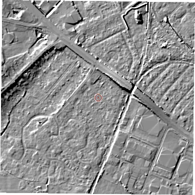 Shaded relief map of the ground around DN58HR, computed from Environment Agency LiDAR. The ground here sits at about 9 m above sea level and falls 8 m across the surrounding 800 m. Surface water reaching this point runs off ground lying to the east-north-east, 5.3 m higher.