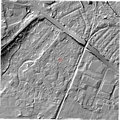 Shaded relief map of the ground around DN58HS, computed from Environment Agency LiDAR. The ground here sits at about 9 m above sea level and falls 8 m across the surrounding 800 m. Surface water reaching this point runs off ground lying to the north-east, 5.3 m higher.