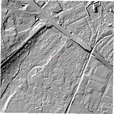 Shaded relief map of the ground around DN58HT, computed from Environment Agency LiDAR. The ground here sits at about 9 m above sea level and falls 9 m across the surrounding 800 m. Surface water reaching this point runs off ground lying to the east-north-east, 5.3 m higher.