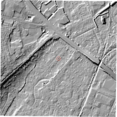 Shaded relief map of the ground around DN58HZ, computed from Environment Agency LiDAR. The ground here sits at about 9 m above sea level and falls 11 m across the surrounding 800 m. Surface water reaching this point runs off ground lying to the west-south-west, 9.4 m higher.