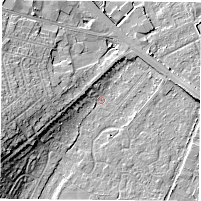 Shaded relief map of the ground around DN58JA, computed from Environment Agency LiDAR. The ground here sits at about 9 m above sea level and falls 17 m across the surrounding 800 m. Surface water reaching this point runs off ground lying to the west-south-west, 11.5 m higher.