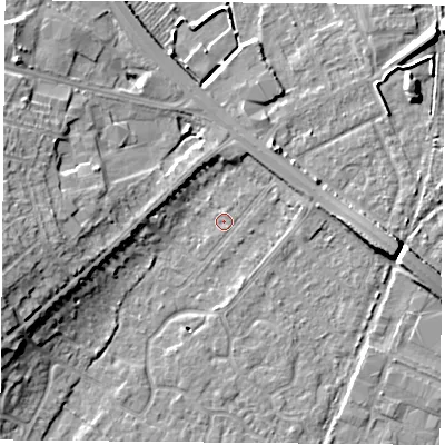 Shaded relief map of the ground around DN58JB, computed from Environment Agency LiDAR. The ground here sits at about 9 m above sea level and falls 12 m across the surrounding 800 m. Surface water reaching this point runs off ground lying to the west-south-west, 10.2 m higher.
