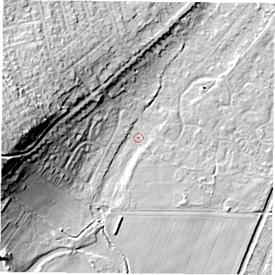 Shaded relief map of the ground around DN58JE, computed from Environment Agency LiDAR. The ground here sits at about 10 m above sea level and falls 26 m across the surrounding 800 m. Surface water reaching this point runs off ground lying to the west, 23.2 m higher.