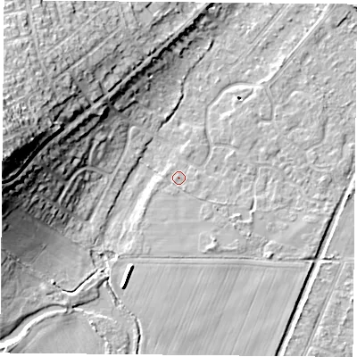 Shaded relief map of the ground around DN58JF, computed from Environment Agency LiDAR. The ground here sits at about 10 m above sea level and falls 24 m across the surrounding 800 m. Surface water reaching this point runs off ground lying to the south-south-east, 1.7 m higher.
