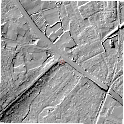 Shaded relief map of the ground around DN58JH, computed from Environment Agency LiDAR. The ground here sits at about 10 m above sea level and falls 12 m across the surrounding 800 m. Surface water reaching this point runs off ground lying to the south-west, 5.1 m higher.