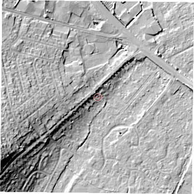 Shaded relief map of the ground around DN58JJ, computed from Environment Agency LiDAR. The ground here sits at about 10 m above sea level and falls 23 m across the surrounding 800 m. Surface water reaching this point runs off ground lying to the south-west, 11.5 m higher.