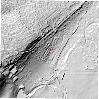 Shaded relief map of the ground around DN58JS, computed from Environment Agency LiDAR. The ground here sits at about 13 m above sea level and falls 31 m across the surrounding 800 m. Surface water reaching this point runs off ground lying to the west, 24.1 m higher.
