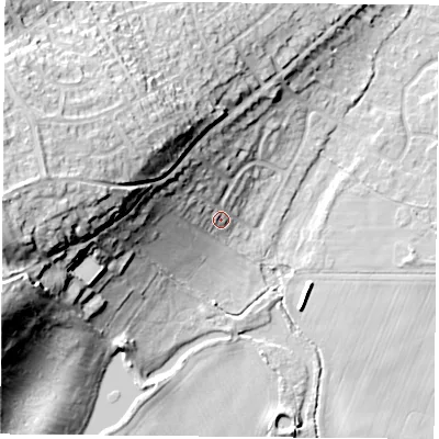 Shaded relief map of the ground around DN58JU, computed from Environment Agency LiDAR. The ground here sits at about 13 m above sea level and falls 31 m across the surrounding 800 m. Surface water reaching this point runs off ground lying to the west-north-west, 24.8 m higher.