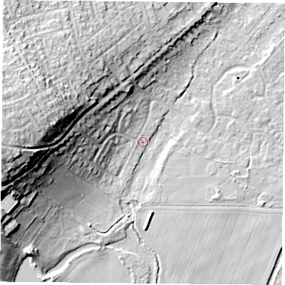 Shaded relief map of the ground around DN58JY, computed from Environment Agency LiDAR. The ground here sits at about 10 m above sea level and falls 29 m across the surrounding 800 m. Surface water reaching this point runs off ground lying to the west, 25.9 m higher.