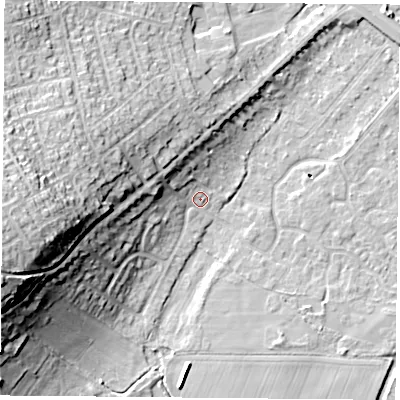 Shaded relief map of the ground around DN58JZ, computed from Environment Agency LiDAR. The ground here sits at about 10 m above sea level and falls 27 m across the surrounding 800 m. Surface water reaching this point runs off ground lying to the west-north-west, 6.1 m higher.