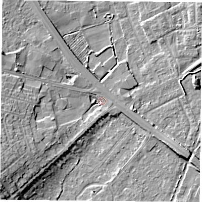Shaded relief map of the ground around DN58ND, computed from Environment Agency LiDAR. The ground here sits at about 9 m above sea level and falls 13 m across the surrounding 800 m. Surface water reaching this point runs off ground lying to the south-west, 11.8 m higher.