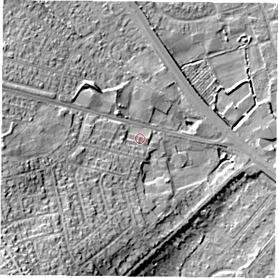 Shaded relief map of the ground around DN58QE, computed from Environment Agency LiDAR. The ground here sits at about 13 m above sea level and falls 24 m across the surrounding 800 m. Surface water reaching this point runs off ground lying to the south-west, 17.9 m higher.