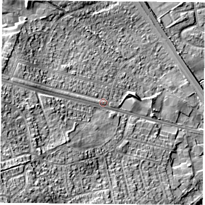 Shaded relief map of the ground around DN58RF, computed from Environment Agency LiDAR. The ground here sits at about 17 m above sea level and falls 28 m across the surrounding 800 m. Surface water reaching this point runs off ground lying to the west, 11.1 m higher.
