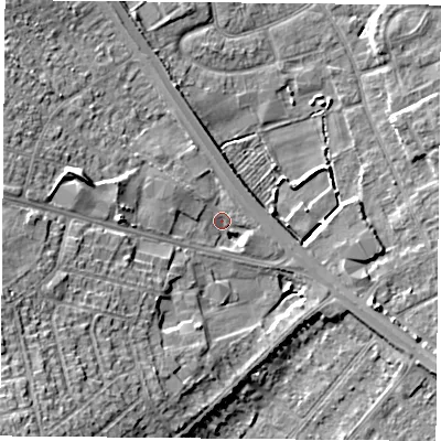 Shaded relief map of the ground around DN58RN, computed from Environment Agency LiDAR. The ground here sits at about 10 m above sea level and falls 17 m across the surrounding 800 m. Surface water reaching this point runs off ground lying to the south-west, 15.7 m higher.