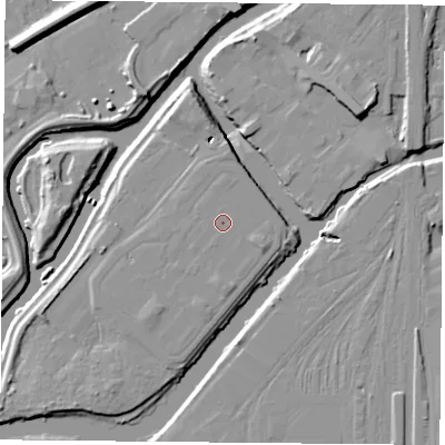Shaded relief map of the ground around DN58UX, computed from Environment Agency LiDAR. The ground here sits at about 12 m above sea level and falls 10 m across the surrounding 800 m. The ground contributing surface water to this point lies to the south-south-west.
