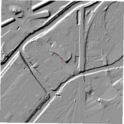 Shaded relief map of the ground around DN59AD, computed from Environment Agency LiDAR. The ground here sits at about 10 m above sea level and falls 12 m across the surrounding 800 m. Surface water reaching this point runs off ground lying to the east-north-east, 6.0 m higher.