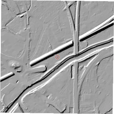 Shaded relief map of the ground around DN59AF, computed from Environment Agency LiDAR. The ground here sits at about 8 m above sea level and falls 13 m across the surrounding 800 m. Surface water reaching this point runs off ground lying to the north-east, 11.1 m higher.