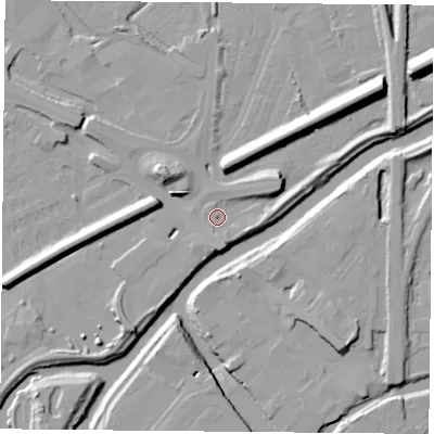 Shaded relief map of the ground around DN59AG, computed from Environment Agency LiDAR. The ground here sits at about 10 m above sea level and falls 13 m across the surrounding 800 m. Surface water reaching this point runs off ground lying to the south-south-east, 5.4 m higher.