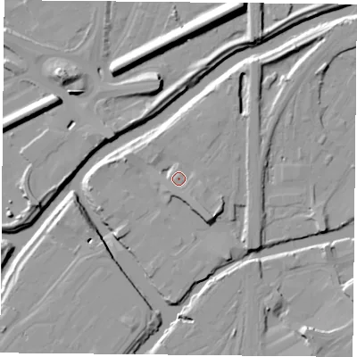 Shaded relief map of the ground around DN59AN, computed from Environment Agency LiDAR. The ground here sits at about 12 m above sea level and falls 13 m across the surrounding 800 m. Surface water reaching this point runs off ground lying to the south-south-east, 3.1 m higher.